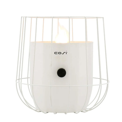 Cosiscoop White Metal Gas Fire Lantern with Wire Basket Frame - Modern Scandi Outdoor Tabletop Firepit 31x26x26 - Click Style