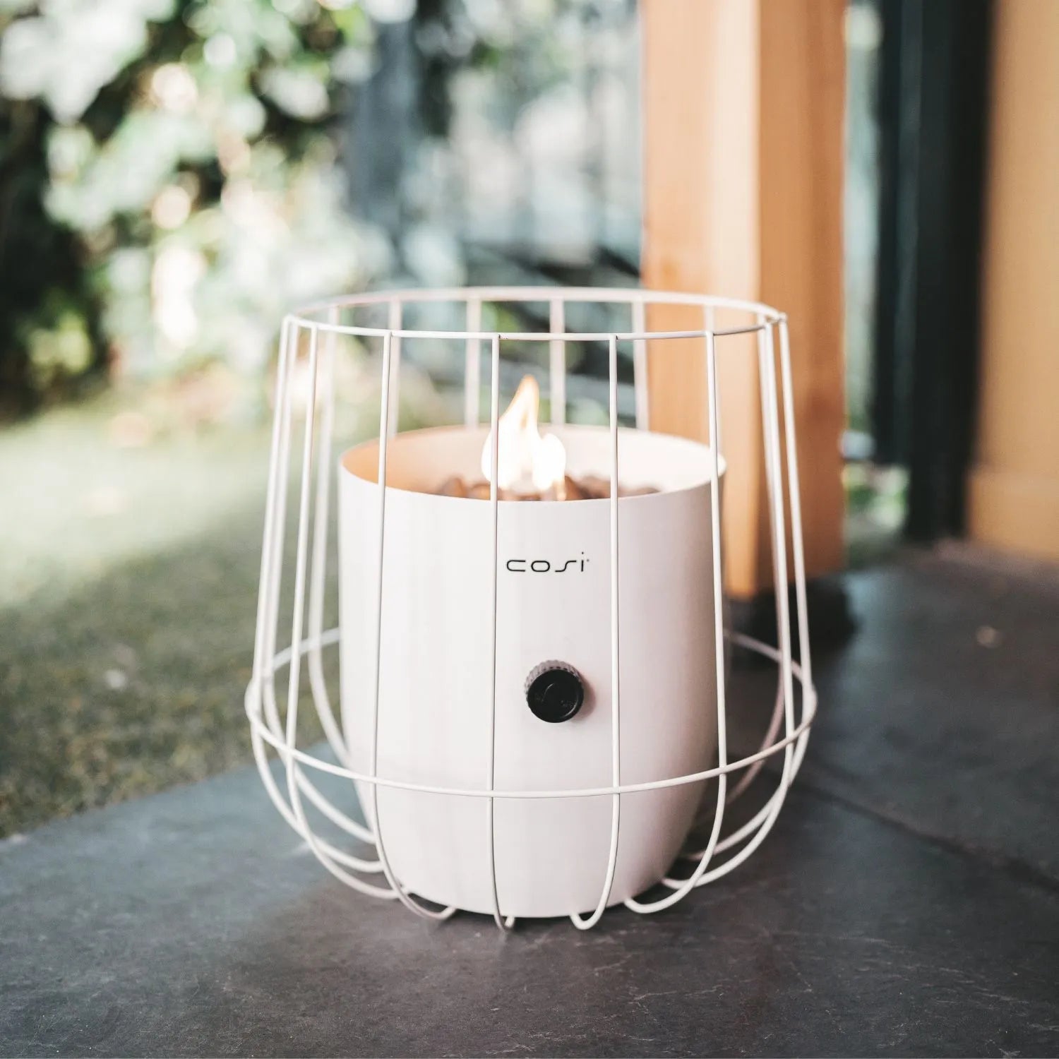 Cosiscoop White Metal Gas Fire Lantern with Wire Basket Frame - Modern Scandi Outdoor Tabletop Firepit 31x26x26 - Click Style