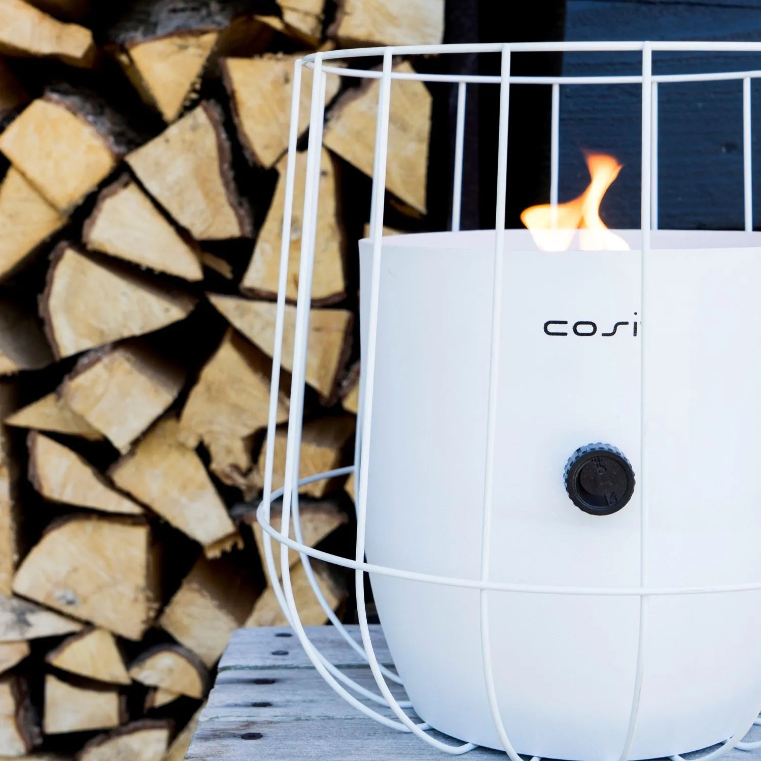 Cosiscoop White Metal Gas Fire Lantern with Wire Basket Frame - Modern Scandi Outdoor Tabletop Firepit 31x26x26 - Click Style