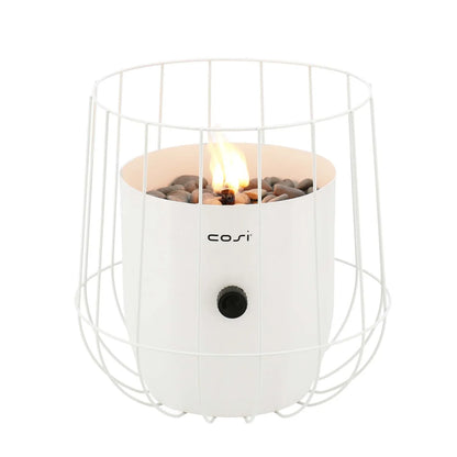 Cosiscoop White Metal Gas Fire Lantern with Wire Basket Frame - Modern Scandi Outdoor Tabletop Firepit 31x26x26 - Click Style