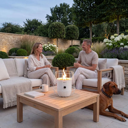 Cosiscoop White Metal Outdoor Tabletop Gas Fire Lantern for Outdoor Entertaining 31x31x31cm | Click Style