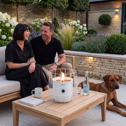 Cosiscoop White Metal Outdoor Tabletop Gas Fire Lantern with Wire Basket Frame 31x31x31cm | Click Style