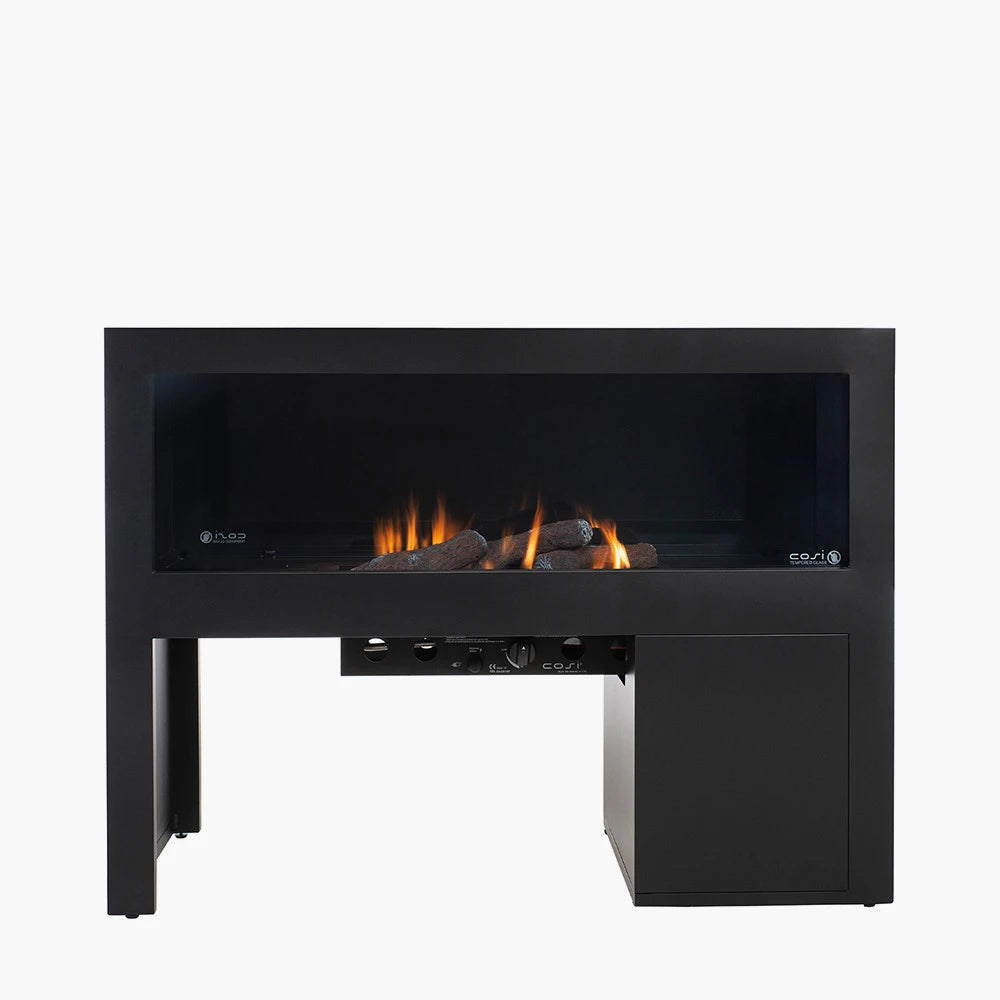 Cosivista 120 Black Aluminium Freestanding Outdoor Gas Fire Pit Table, Modern Aluminium Garden Fireplace with Double-Sided See-Through Glass Panels, Ceramic Logs and Natural Lava Stones 90x120x45cm | Click Style