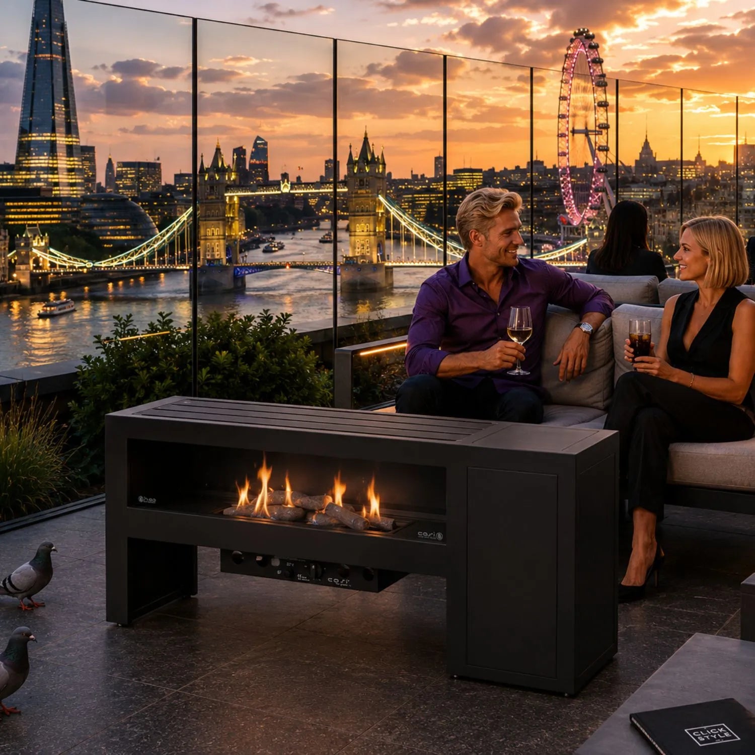 Cosivista 120 Black Aluminium Freestanding Outdoor Gas Fire Pit Table with Double-Sided See-Through Glass Panels, Powder-Coated Aluminium Garden Fireplace with Concealed Gas Bottle Storage, Ceramic Logs and Natural Lava Stones 90x120x45cm | Click Style