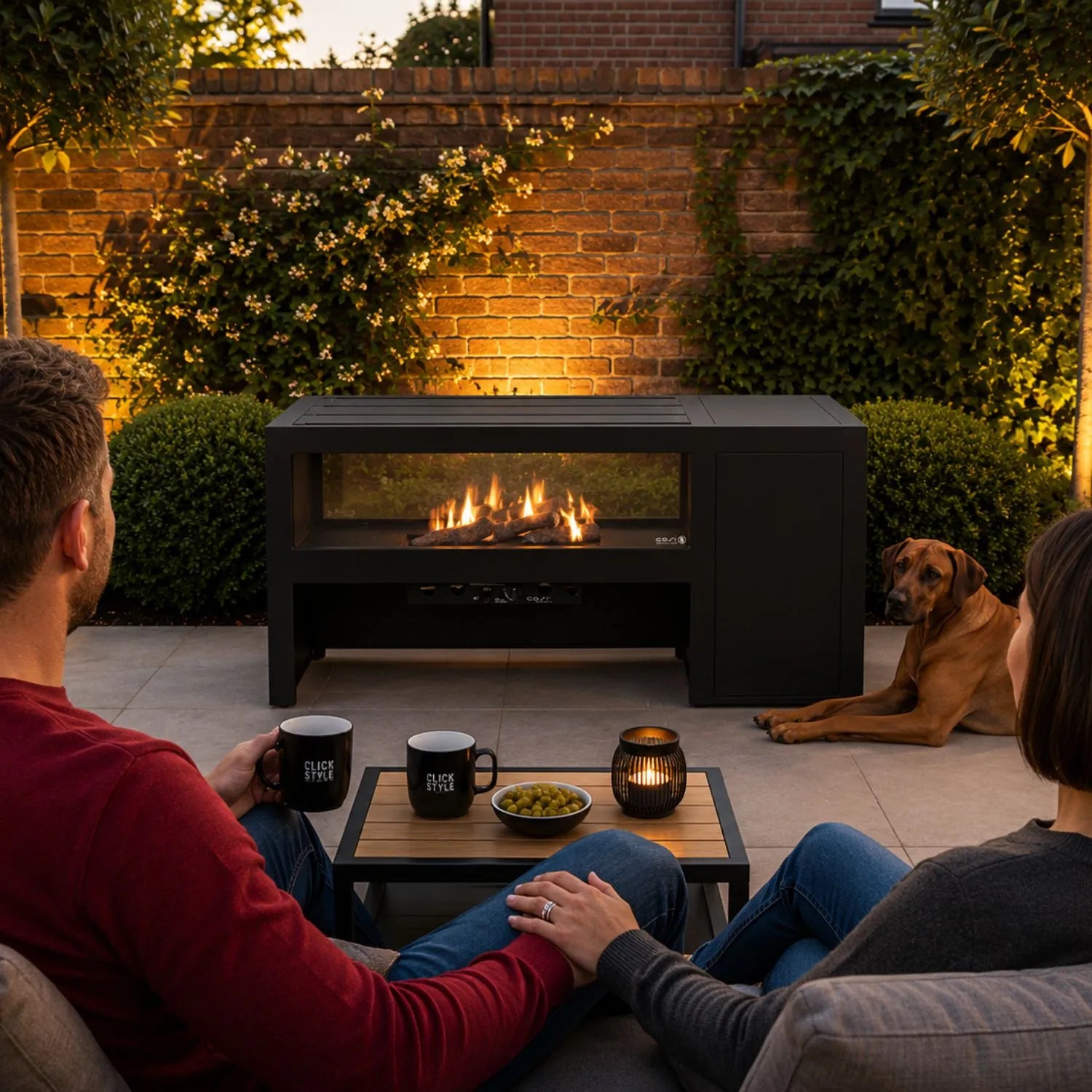 Cosivista 120 Black Aluminium Freestanding Outdoor Gas Fire Pit Table with Double-Sided See-Through Glass Panels, Powder-Coated Aluminium Garden Fireplace with Concealed Gas Bottle Storage, Ceramic Logs and Natural Lava Stones 90x120x45cm | Click Style
