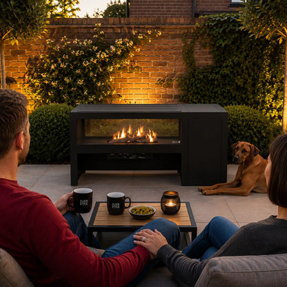 Cosivista 120 Black Aluminium Freestanding Outdoor Gas Fire Pit Table with Double-Sided See-Through Glass Panels, Powder-Coated Aluminium Garden Fireplace with Concealed Gas Bottle Storage, Ceramic Logs and Natural Lava Stones 90x120x45cm | Click Style