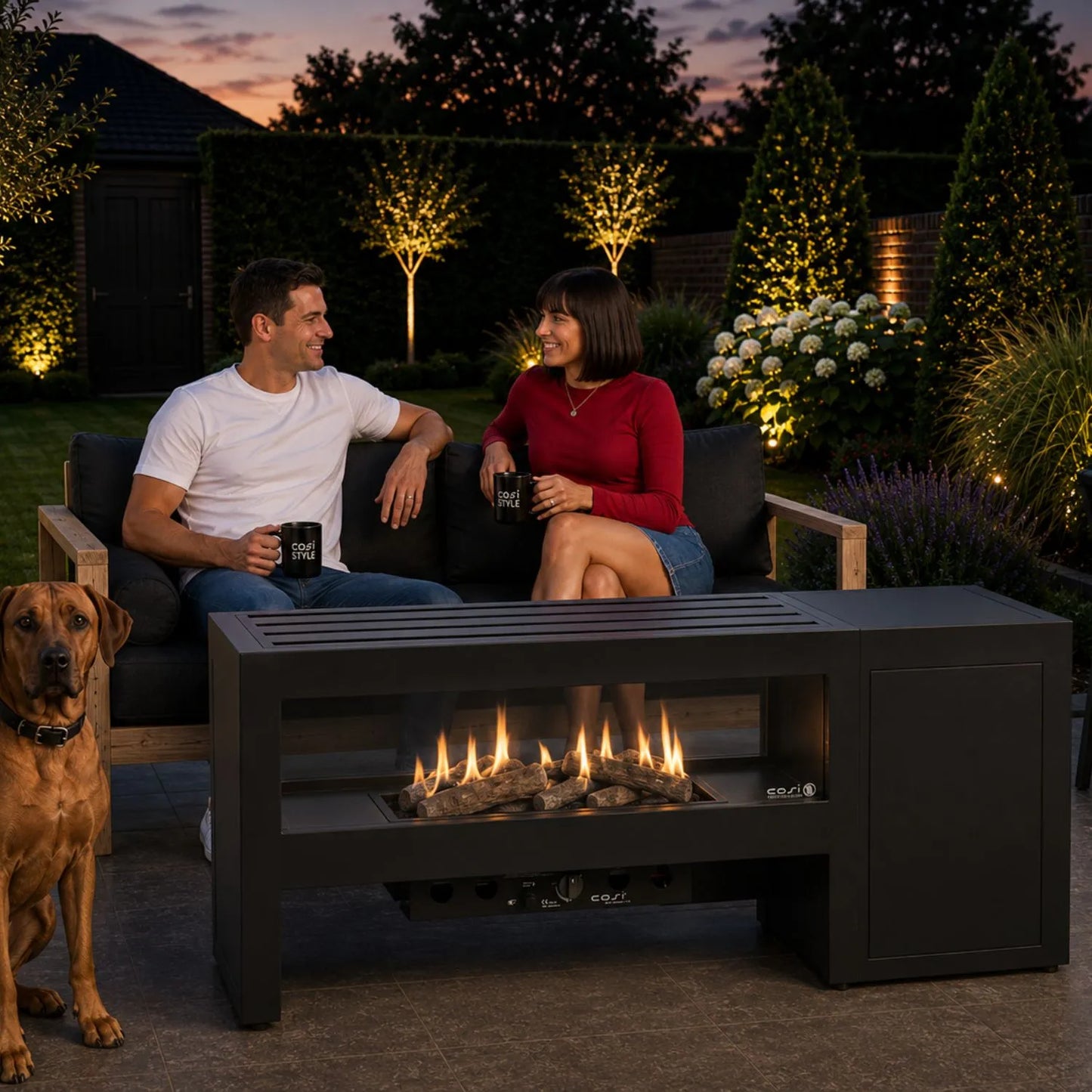 Cosivista 120 Black Aluminium Freestanding Outdoor Gas Fire Pit Table with Double-Sided See-Through Glass Panels, Powder-Coated Aluminium Garden Fireplace with Concealed Gas Bottle Storage, Ceramic Logs and Natural Lava Stones 90x120x45cm | Click Style