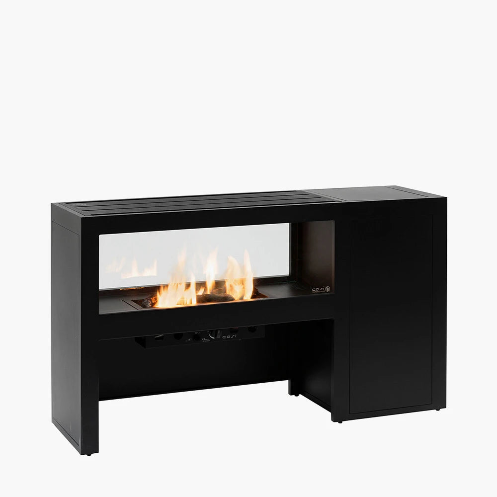 Cosivista 120 Black Aluminium Freestanding Outdoor Gas Fire Pit Table, Modern Aluminium Garden Fireplace with Double-Sided See-Through Glass Panels, Ceramic Logs and Natural Lava Stones 90x120x45cm | Click Style