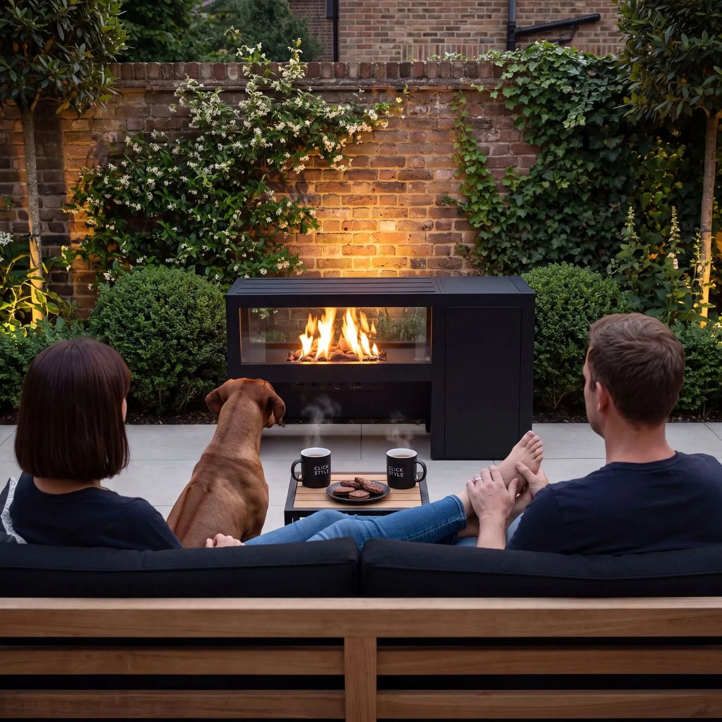 Cosivista 160 Black Aluminium Freestanding Outdoor Gas Fire Pit Table With See-Through Glass Panels Glass Wind Guard and Hidden Propane Gas Bottle Storage for Gardens Patios Terraces and Outdoor Living Spaces 90x160x45cm | Click Style