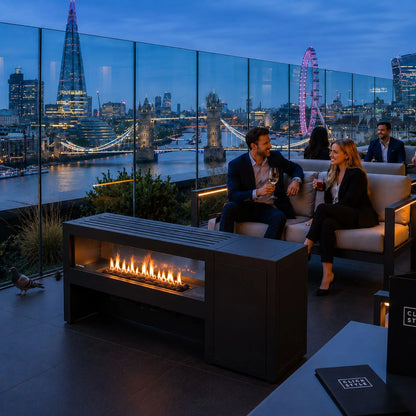 Cosivista 160 Black Aluminium Freestanding Outdoor Gas Fire Pit Table With See-Through Glass Panels Glass Wind Guard and Hidden Propane Gas Bottle Storage for Gardens Patios Terraces and Outdoor Living Spaces 90x160x45cm | Click Style