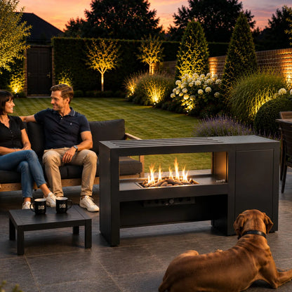 Cosivista 160 Black Aluminium Freestanding Outdoor Gas Fire Pit Table With See-Through Glass Panels Glass Wind Guard and Hidden Propane Gas Bottle Storage for Gardens Patios Terraces and Outdoor Living Spaces 90x160x45cm | Click Style