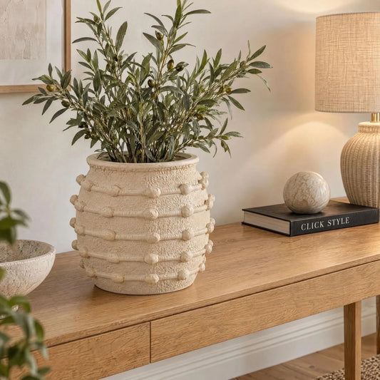 Cream Bobbled Fibrestone Planter with Rolled Rim & Raised Textured Detail – Decorative Indoor Plant Pot 29x32x32cm – Styled with Artificial Olive Foliage on Console Table | Click Style