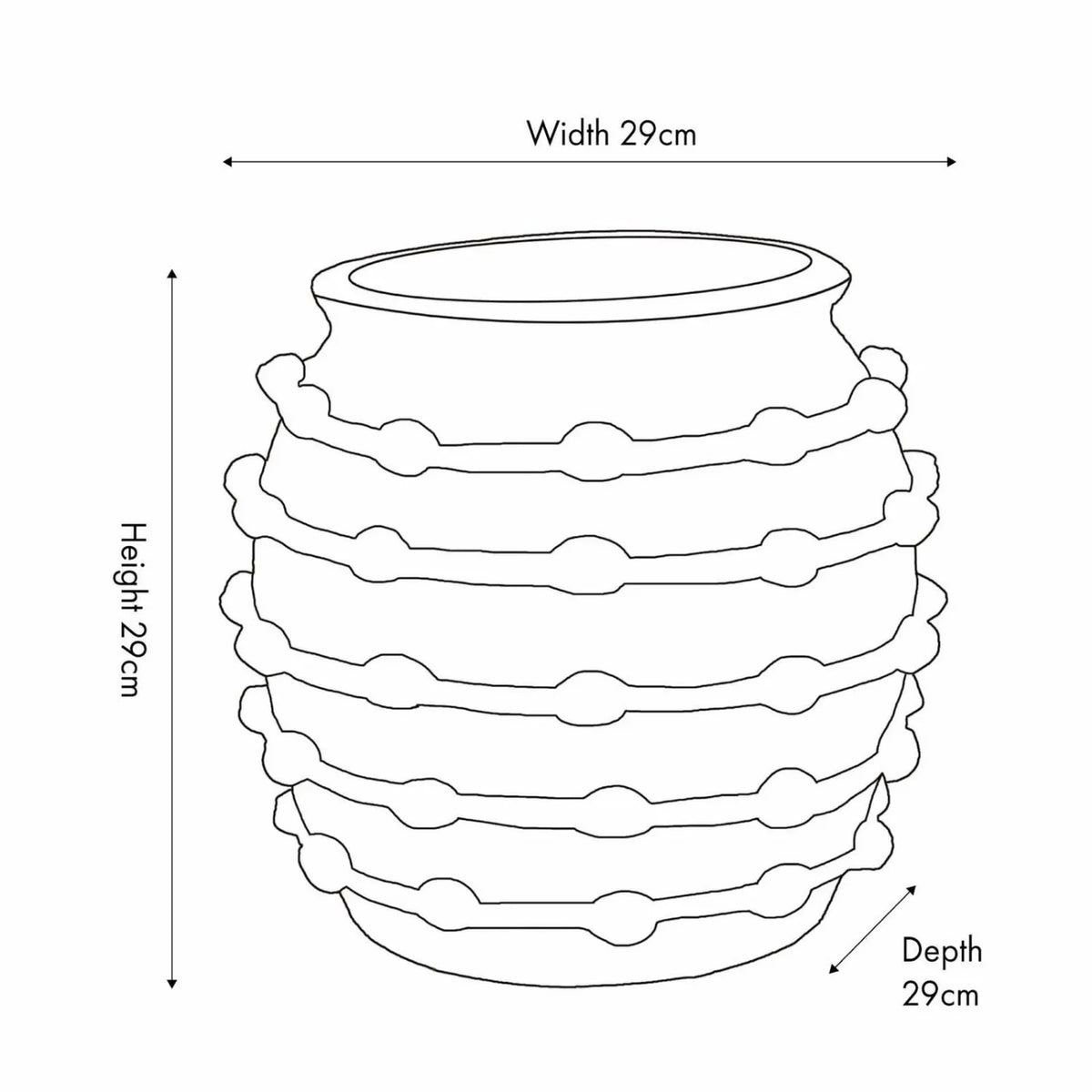 Cream Bobbled Fibrestone Planter with Rolled Rim & Raised Textured Detail – Decorative Indoor Plant Pot 29x32x32cm – Dimension Diagram | Click Style