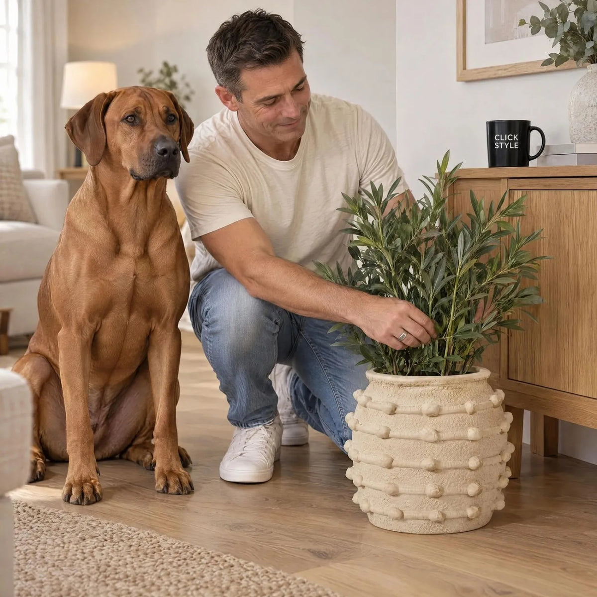 Cream Bobbled Fibrestone Planter with Rolled Rim & Raised Textured Detail – Decorative Indoor Plant Pot 29x32x32cm – Man Styling Artificial Foliage with Rhodesian Ridgeback | Click Style
