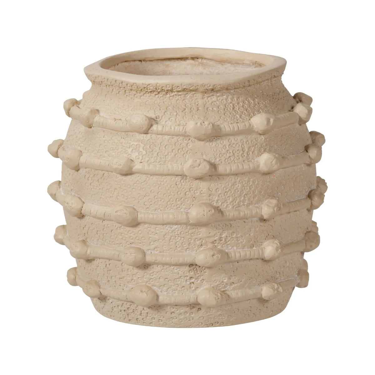 Cream Bobbled Fibrestone Planter with Rolled Rim & Raised Textured Detail – Decorative Indoor Plant Pot 29x32x32cm – Angled Product View with Rolled Rim | Click Style