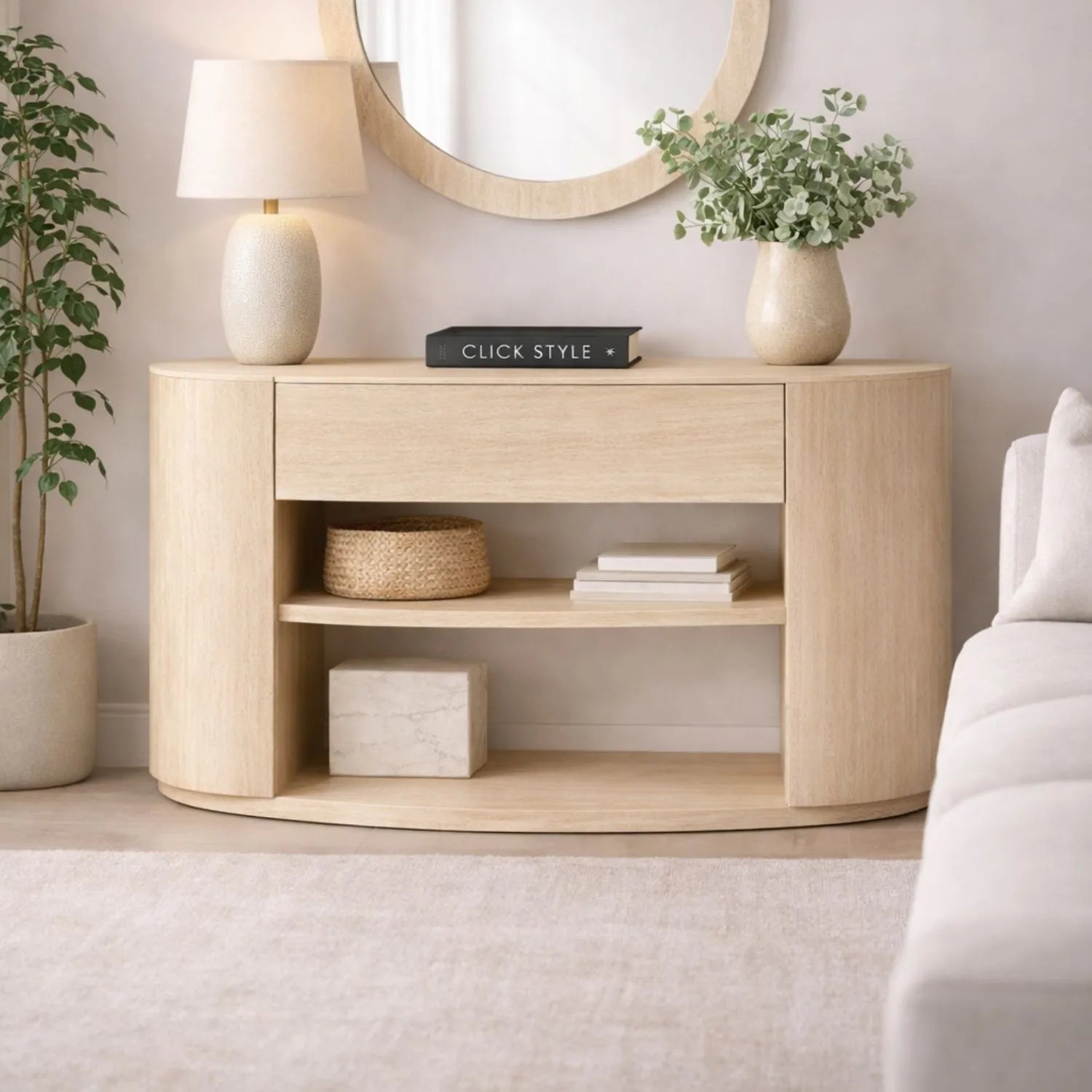 Cream Travertine Effect 1 Drawer Console Table with Stone Veneer Finish – Contemporary Curved Hallway Console Table with Open Shelves 77x120x40cm – Travertine Effect Veneered MDF Console Table with Sculptural Curved Sides, Handleless Drawer and Open Storage Shelves for Hallways and Living Rooms | Click Style