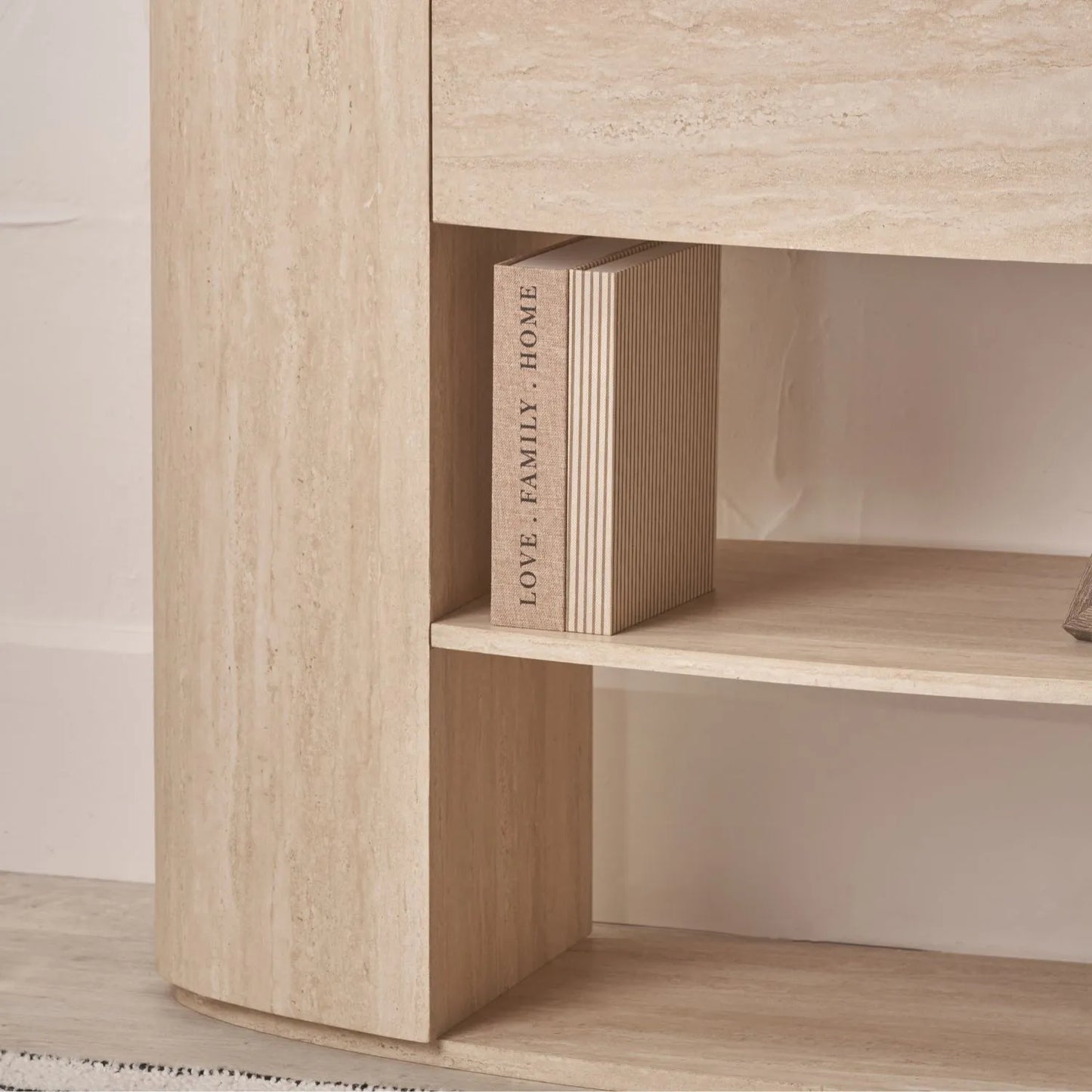 Cream Travertine Effect 1 Drawer Console Table with Stone Veneer Finish – Contemporary Curved Hallway Console Table with Open Shelves 77x120x40cm – Travertine Effect Veneered MDF Console Table with Sculptural Curved Sides, Handleless Drawer and Open Storage Shelves for Hallways and Living Rooms | Click Style