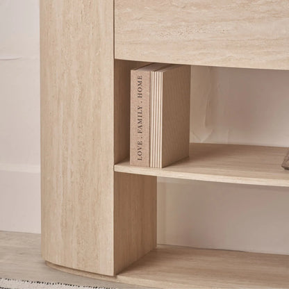 Cream Travertine Effect 1 Drawer Console Table with Stone Veneer Finish – Contemporary Curved Hallway Console Table with Open Shelves 77x120x40cm – Travertine Effect Veneered MDF Console Table with Sculptural Curved Sides, Handleless Drawer and Open Storage Shelves for Hallways and Living Rooms | Click Style
