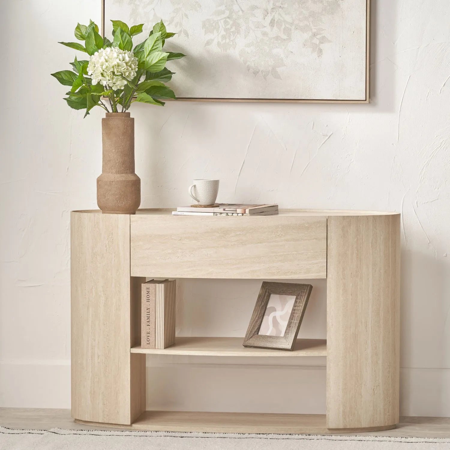 Cream Travertine Effect 1 Drawer Console Table with Stone Veneer Finish – Contemporary Curved Hallway Console Table with Open Shelves 77x120x40cm – Travertine Effect Veneered MDF Console Table with Sculptural Curved Sides, Handleless Drawer and Open Storage Shelves for Hallways and Living Rooms | Click Style