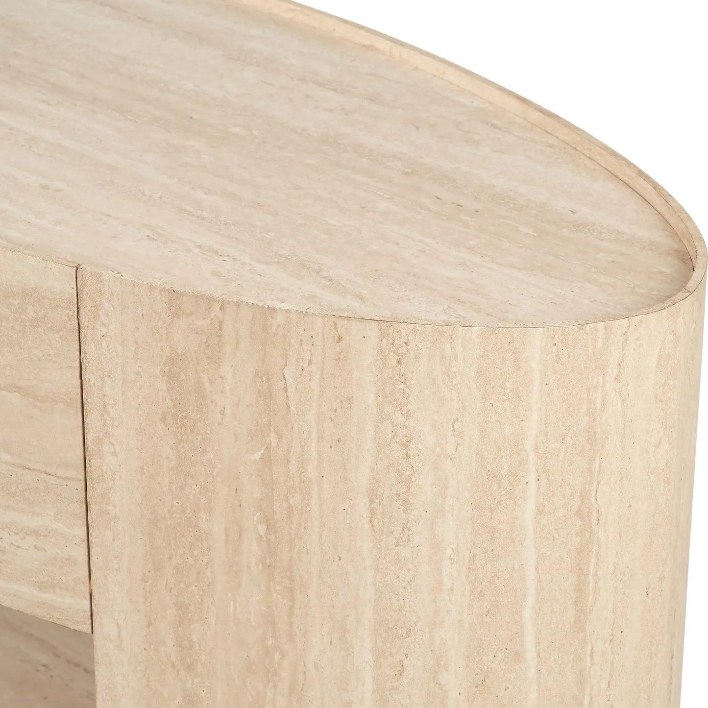Cream Travertine Effect 1 Drawer Console Table with Stone Veneer Finish – Contemporary Curved Hallway Console Table with Open Shelves 77x120x40cm – Travertine Effect Veneered MDF Console Table with Sculptural Curved Sides, Handleless Drawer and Open Storage Shelves for Hallways and Living Rooms | Click Style