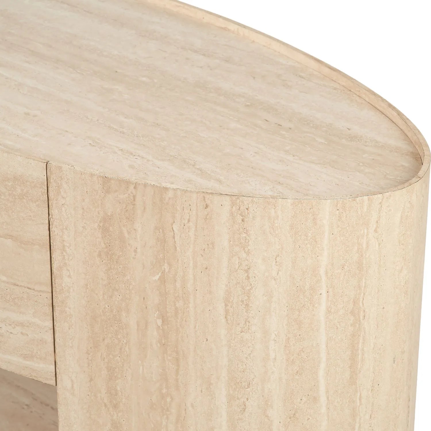 Cream Travertine Effect 1 Drawer Console Table with Stone Veneer Finish – Contemporary Curved Hallway Console Table with Open Shelves 77x120x40cm – Travertine Effect Veneered MDF Console Table with Sculptural Curved Sides, Handleless Drawer and Open Storage Shelves for Hallways and Living Rooms | Click Style