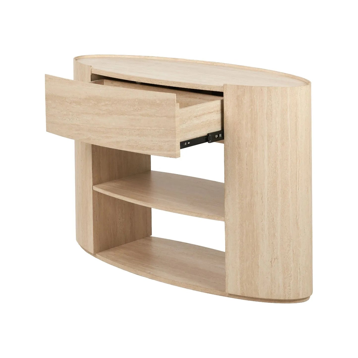 Cream Travertine Effect 1 Drawer Console Table with Stone Veneer Finish – Contemporary Curved Hallway Console Table with Open Shelves 77x120x40cm – Travertine Effect Veneered MDF Console Table with Sculptural Curved Sides, Handleless Drawer and Open Storage Shelves for Hallways and Living Rooms | Click Style