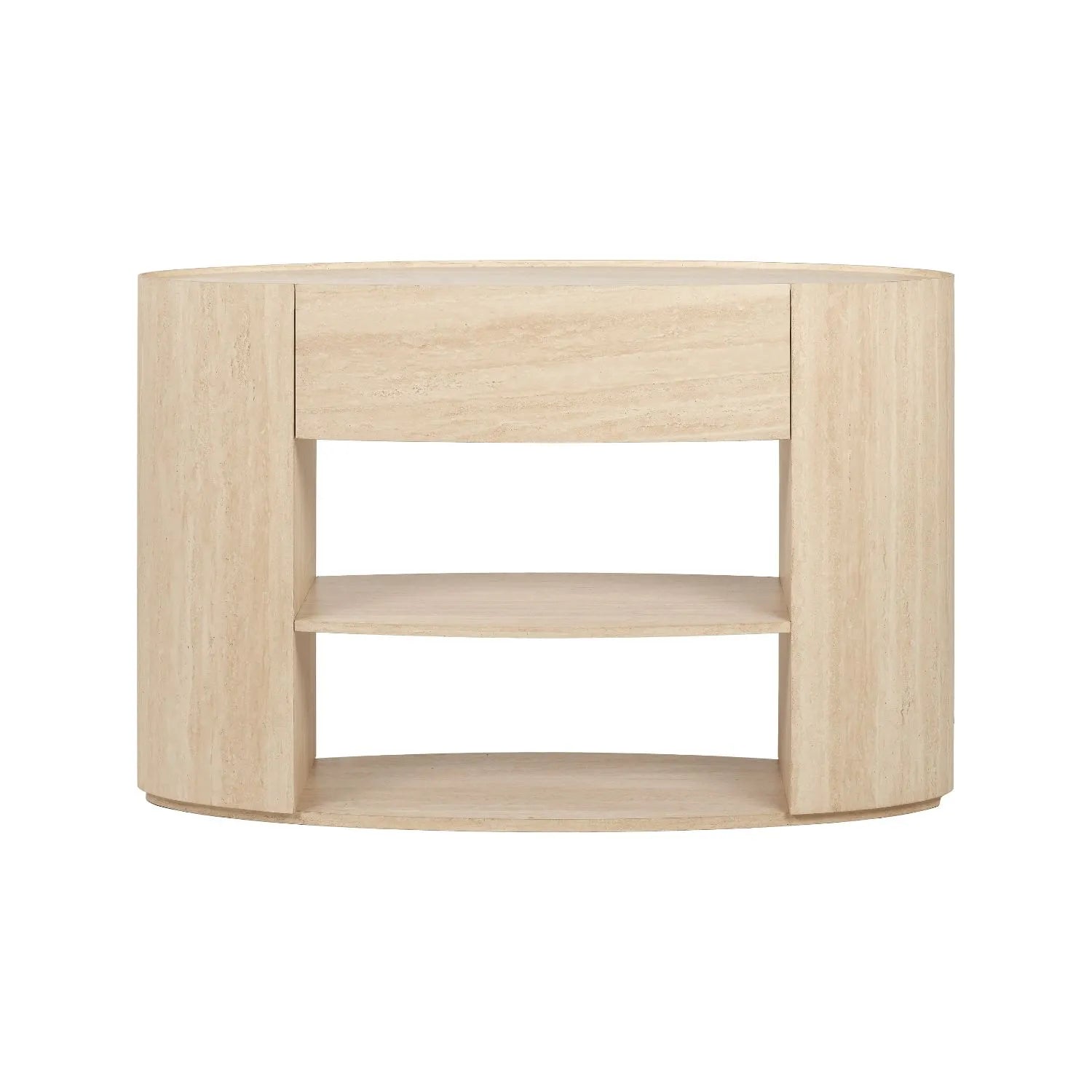 Cream Travertine Effect 1 Drawer Console Table with Stone Veneer Finish – Contemporary Curved Hallway Console Table with Open Shelves 77x120x40cm – Travertine Effect Veneered MDF Console Table with Sculptural Curved Sides, Handleless Drawer and Open Storage Shelves for Hallways and Living Rooms | Click Style