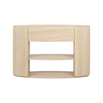Cream Travertine Effect 1 Drawer Console Table with Stone Veneer Finish – Contemporary Curved Hallway Console Table with Open Shelves 77x120x40cm – Travertine Effect Veneered MDF Console Table with Sculptural Curved Sides, Handleless Drawer and Open Storage Shelves for Hallways and Living Rooms | Click Style