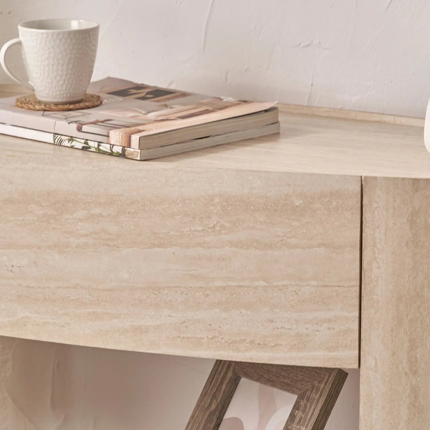 Cream Travertine Effect 1 Drawer Console Table with Stone Veneer Finish – Contemporary Curved Hallway Console Table with Open Shelves 77x120x40cm – Travertine Effect Veneered MDF Console Table with Sculptural Curved Sides, Handleless Drawer and Open Storage Shelves for Hallways and Living Rooms | Click Style