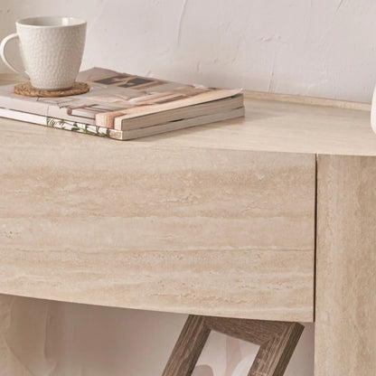 Cream Travertine Effect 1 Drawer Console Table with Stone Veneer Finish – Contemporary Curved Hallway Console Table with Open Shelves 77x120x40cm – Travertine Effect Veneered MDF Console Table with Sculptural Curved Sides, Handleless Drawer and Open Storage Shelves for Hallways and Living Rooms | Click Style