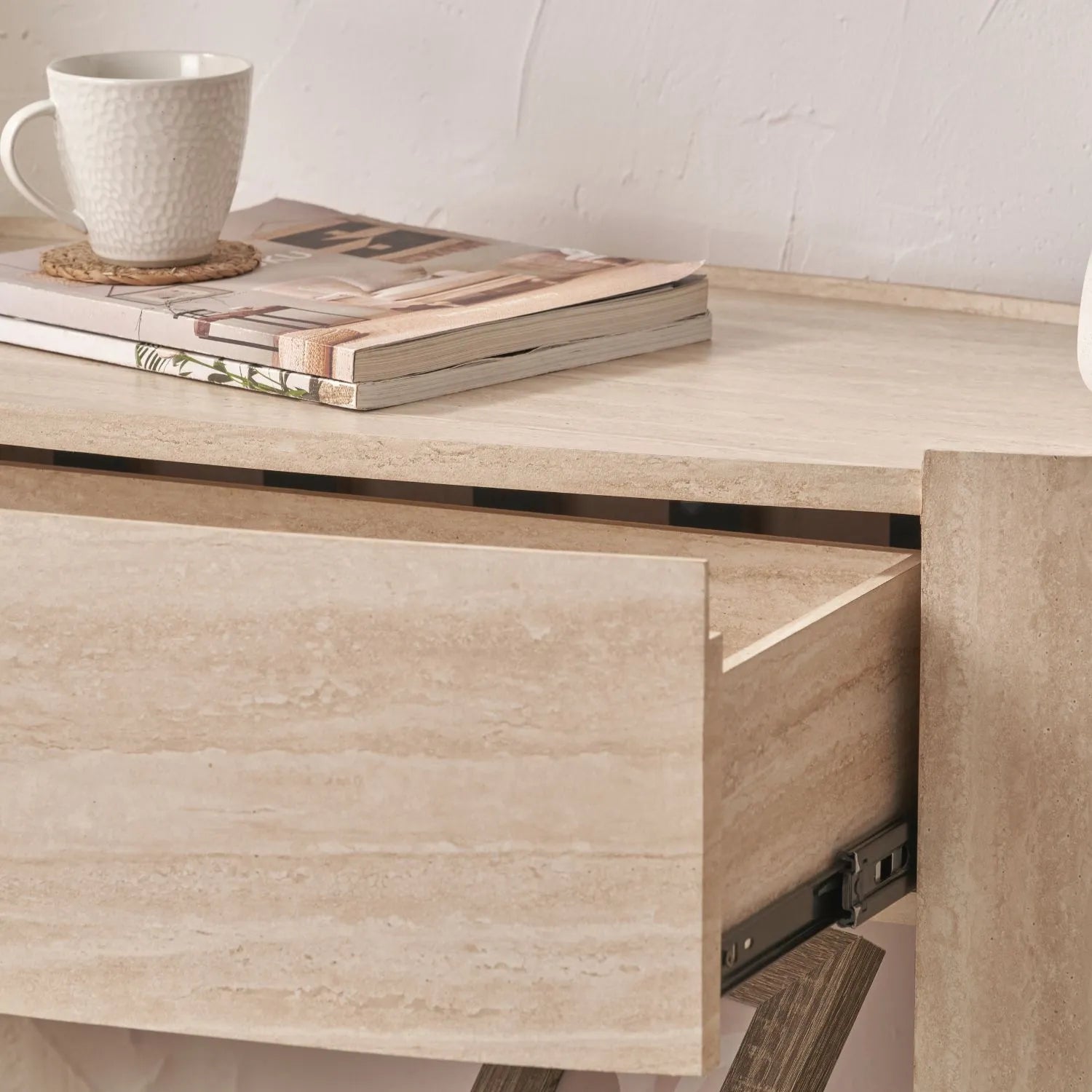 Cream Travertine Effect 1 Drawer Console Table with Stone Veneer Finish – Contemporary Curved Hallway Console Table with Open Shelves 77x120x40cm – Travertine Effect Veneered MDF Console Table with Sculptural Curved Sides, Handleless Drawer and Open Storage Shelves for Hallways and Living Rooms | Click Style