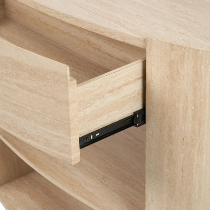 Cream Travertine Effect 1 Drawer Console Table with Stone Veneer Finish – Contemporary Curved Hallway Console Table with Open Shelves 77x120x40cm – Travertine Effect Veneered MDF Console Table with Sculptural Curved Sides, Handleless Drawer and Open Storage Shelves for Hallways and Living Rooms | Click Style
