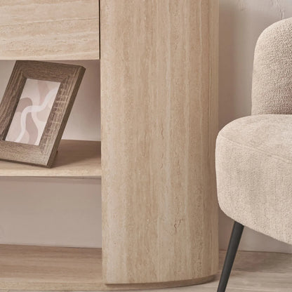 Cream Travertine Effect 1 Drawer Console Table with Stone Veneer Finish – Contemporary Curved Hallway Console Table with Open Shelves 77x120x40cm – Travertine Effect Veneered MDF Console Table with Sculptural Curved Sides, Handleless Drawer and Open Storage Shelves for Hallways and Living Rooms | Click Style