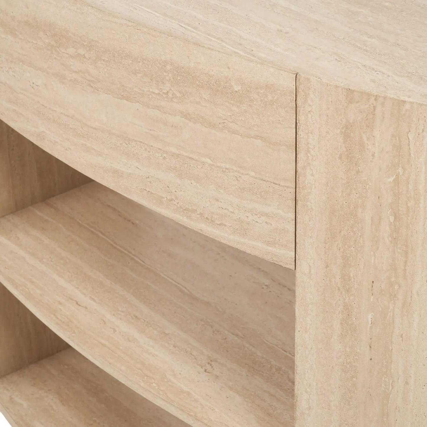 Cream Travertine Effect 1 Drawer Console Table with Stone Veneer Finish – Contemporary Curved Hallway Console Table with Open Shelves 77x120x40cm – Travertine Effect Veneered MDF Console Table with Sculptural Curved Sides, Handleless Drawer and Open Storage Shelves for Hallways and Living Rooms | Click Style