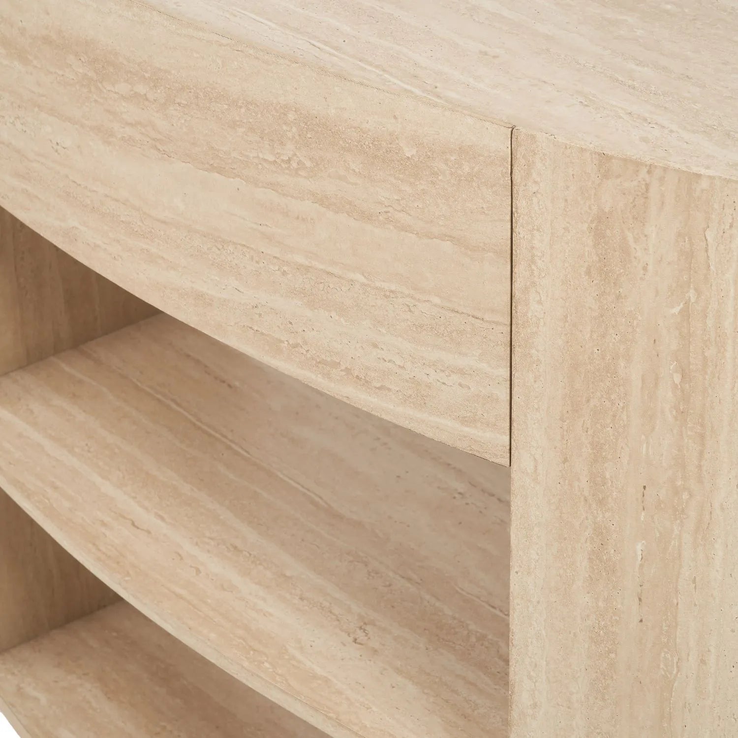 Cream Travertine Effect 1 Drawer Console Table with Stone Veneer Finish – Contemporary Curved Hallway Console Table with Open Shelves 77x120x40cm – Travertine Effect Veneered MDF Console Table with Sculptural Curved Sides, Handleless Drawer and Open Storage Shelves for Hallways and Living Rooms | Click Style