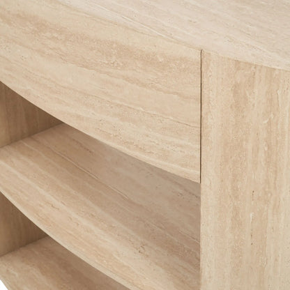 Cream Travertine Effect 1 Drawer Console Table with Stone Veneer Finish – Contemporary Curved Hallway Console Table with Open Shelves 77x120x40cm – Travertine Effect Veneered MDF Console Table with Sculptural Curved Sides, Handleless Drawer and Open Storage Shelves for Hallways and Living Rooms | Click Style