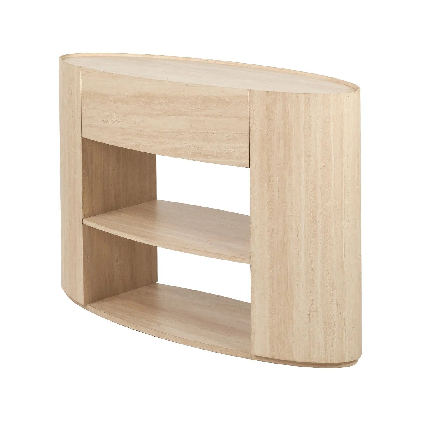 Cream Travertine Effect 1 Drawer Console Table with Stone Veneer Finish – Contemporary Curved Hallway Console Table with Open Shelves 77x120x40cm – Travertine Effect Veneered MDF Console Table with Sculptural Curved Sides, Handleless Drawer and Open Storage Shelves for Hallways and Living Rooms | Click Style