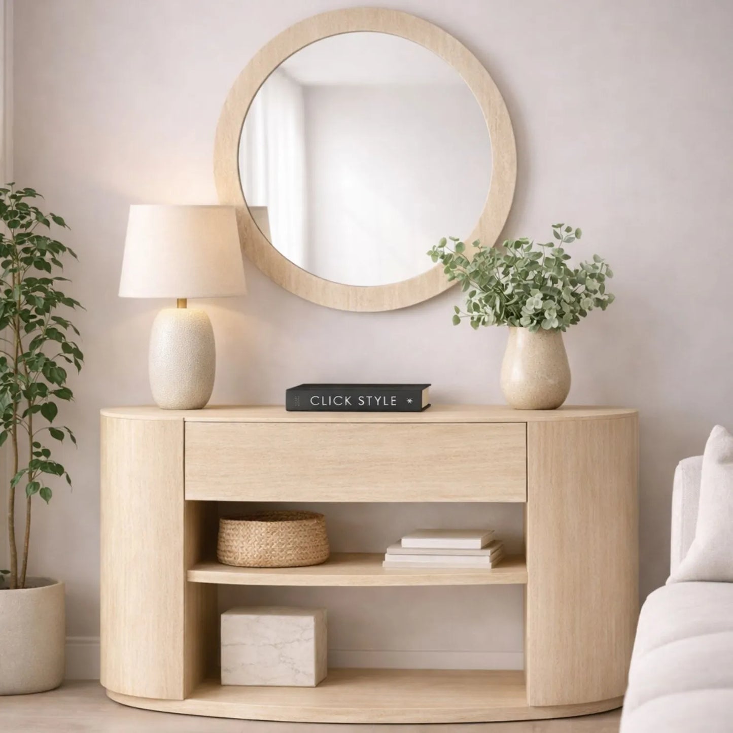 Cream Travertine Effect 1 Drawer Console Table with Stone Veneer Finish – Contemporary Curved Hallway Console Table with Open Shelves 77x120x40cm – Travertine Effect Veneered MDF Console Table with Sculptural Curved Sides, Handleless Drawer and Open Storage Shelves for Hallways and Living Rooms | Click Style