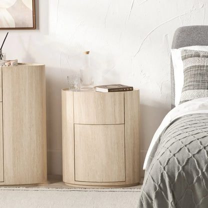 Cream Travertine Effect Curved Side Table with 1 Drawer & 1 Door – Contemporary Stone Veneer Bedside Cabinet Storage Unit 60x50x35cm – Cylindrical Travertine Effect Drum Bedside Table for Modern Neutral Bedroom or Living Room | Click Style