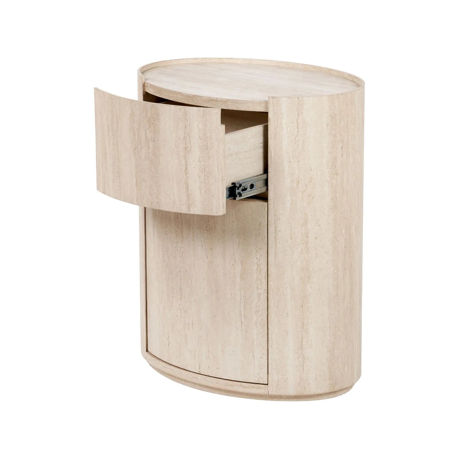 Cream Travertine Effect Curved Side Table with 1 Drawer & 1 Door – Contemporary Stone Veneer Bedside Cabinet Storage Unit 60x50x35cm – Cylindrical Travertine Effect Drum Bedside Table for Modern Neutral Bedroom or Living Room | Click Style