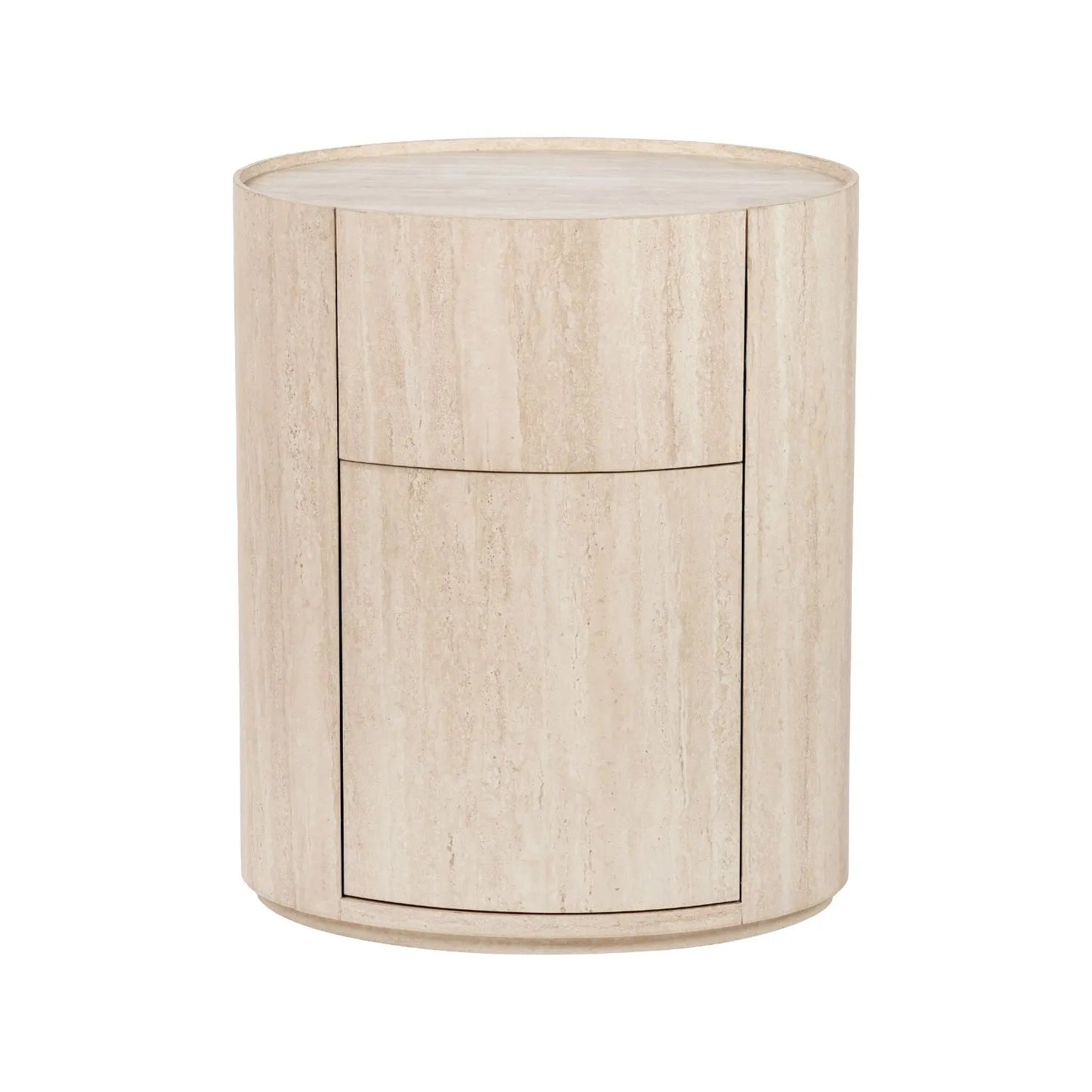 Cream Travertine Effect Curved Side Table with 1 Drawer & 1 Door – Contemporary Stone Veneer Bedside Cabinet Storage Unit 60x50x35cm – Cylindrical Travertine Effect Drum Bedside Table for Modern Neutral Bedroom or Living Room | Click Style