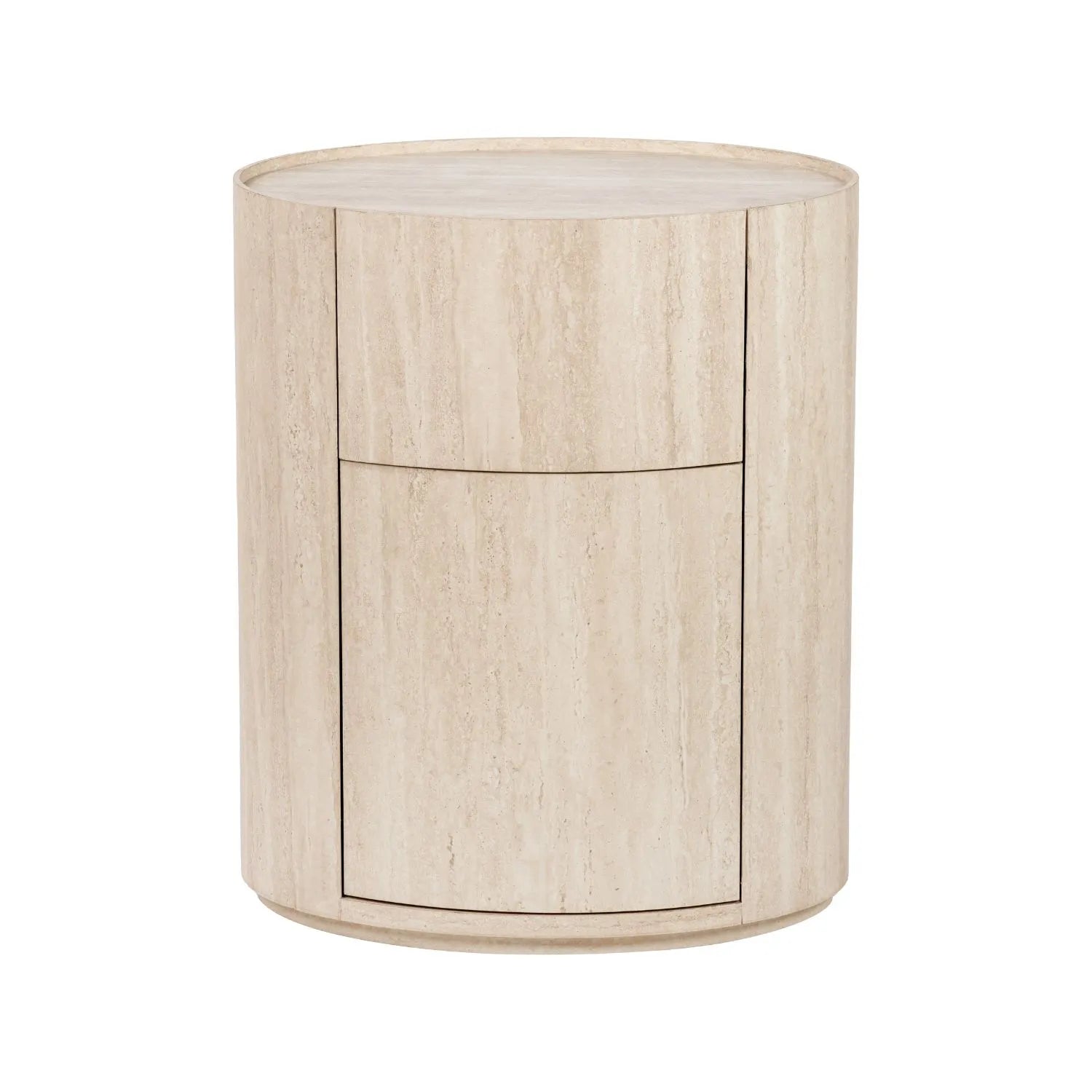 Cream Travertine Effect Curved Side Table with 1 Drawer & 1 Door – Contemporary Stone Veneer Bedside Cabinet Storage Unit 60x50x35cm – Cylindrical Travertine Effect Drum Bedside Table for Modern Neutral Bedroom or Living Room | Click Style