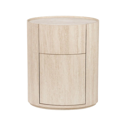 Cream Travertine Effect Curved Side Table with 1 Drawer & 1 Door – Contemporary Stone Veneer Bedside Cabinet Storage Unit 60x50x35cm – Cylindrical Travertine Effect Drum Bedside Table for Modern Neutral Bedroom or Living Room | Click Style