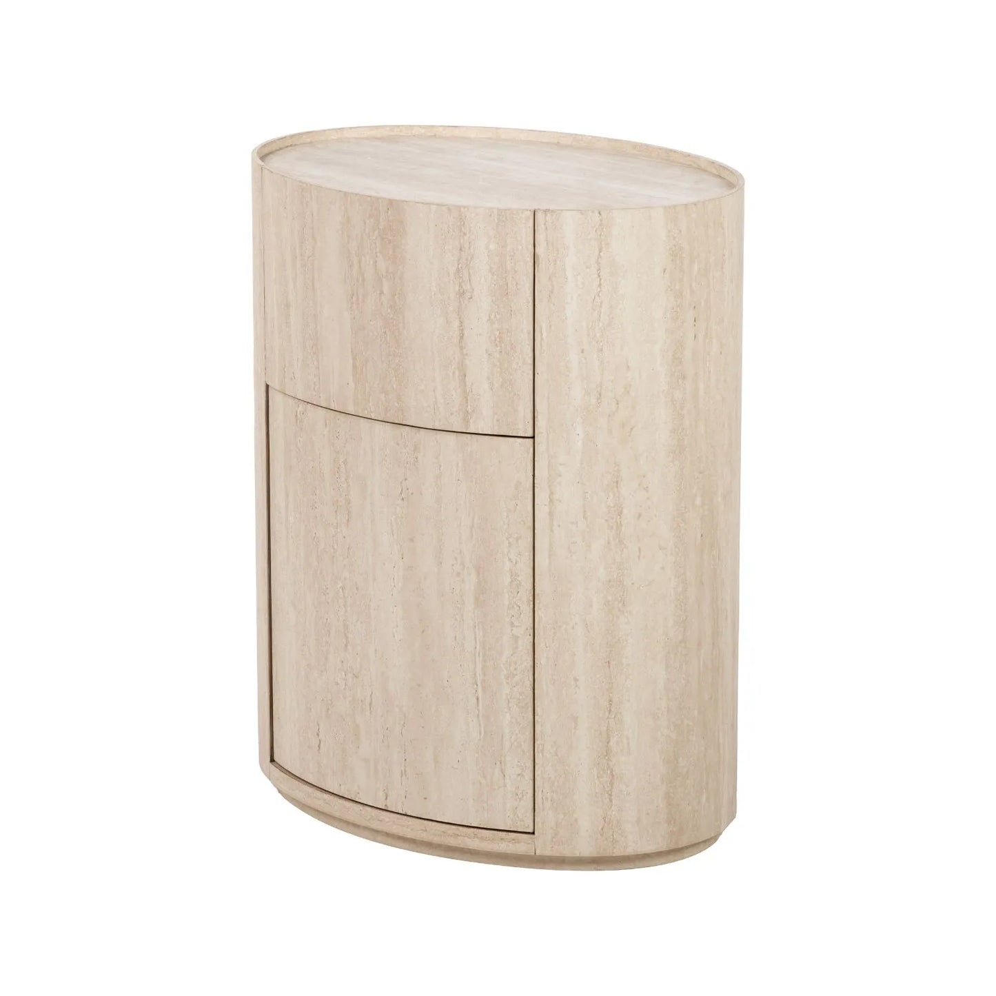 Cream Travertine Effect Curved Side Table with 1 Drawer & 1 Door – Contemporary Stone Veneer Bedside Cabinet Storage Unit 60x50x35cm – Cylindrical Travertine Effect Drum Bedside Table for Modern Neutral Bedroom or Living Room | Click Style