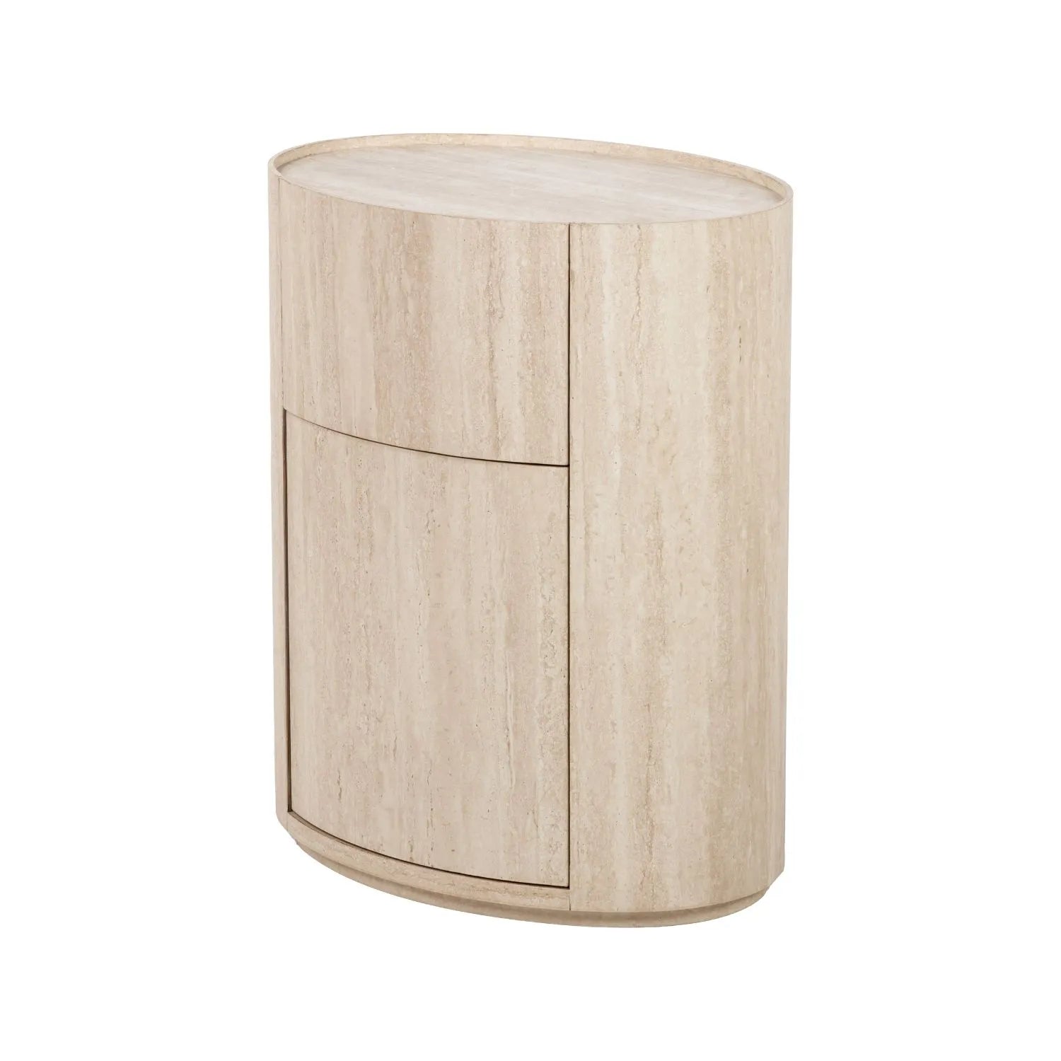 Cream Travertine Effect Curved Side Table with 1 Drawer & 1 Door – Contemporary Stone Veneer Bedside Cabinet Storage Unit 60x50x35cm – Cylindrical Travertine Effect Drum Bedside Table for Modern Neutral Bedroom or Living Room | Click Style