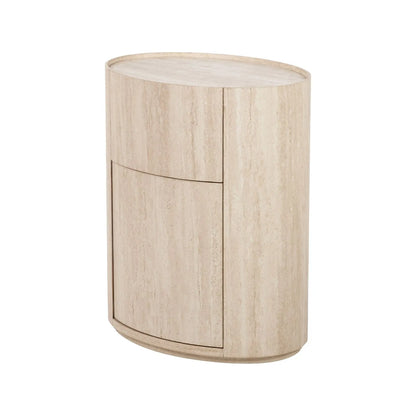 Cream Travertine Effect Curved Side Table with 1 Drawer & 1 Door – Contemporary Stone Veneer Bedside Cabinet Storage Unit 60x50x35cm – Cylindrical Travertine Effect Drum Bedside Table for Modern Neutral Bedroom or Living Room | Click Style