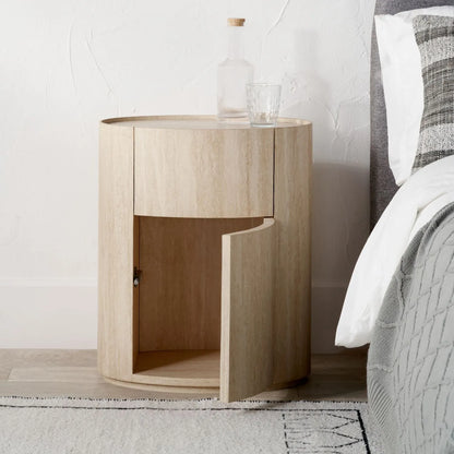 Cream Travertine Effect Curved Side Table with 1 Drawer & 1 Door – Contemporary Stone Veneer Bedside Cabinet Storage Unit 60x50x35cm – Cylindrical Travertine Effect Drum Bedside Table for Modern Neutral Bedroom or Living Room | Click Style