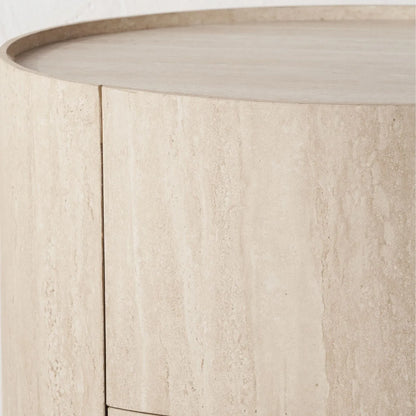 Cream Travertine Effect Curved Side Table with 1 Drawer & 1 Door – Contemporary Stone Veneer Bedside Cabinet Storage Unit 60x50x35cm – Cylindrical Travertine Effect Drum Bedside Table for Modern Neutral Bedroom or Living Room | Click Style