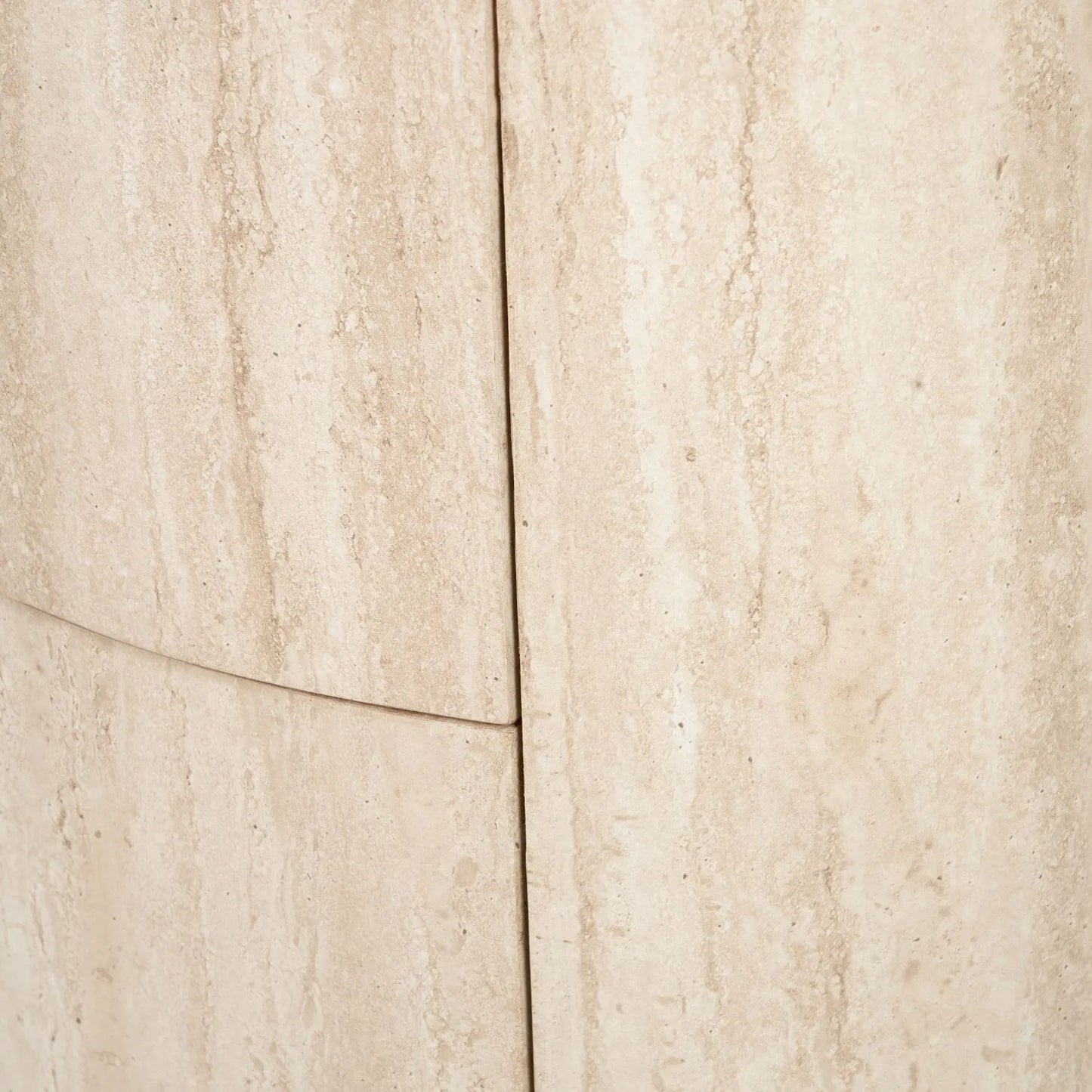 Cream Travertine Effect Curved Side Table with 1 Drawer & 1 Door – Contemporary Stone Veneer Bedside Cabinet Storage Unit 60x50x35cm – Cylindrical Travertine Effect Drum Bedside Table for Modern Neutral Bedroom or Living Room | Click Style