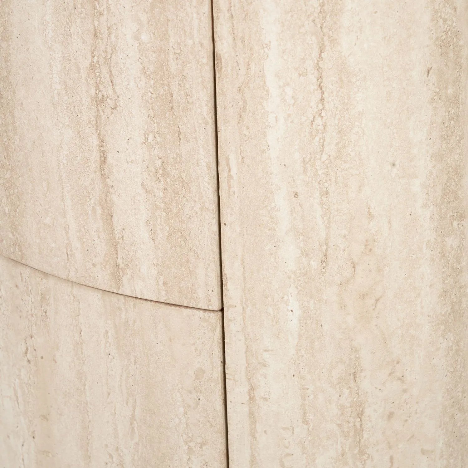 Cream Travertine Effect Curved Side Table with 1 Drawer & 1 Door – Contemporary Stone Veneer Bedside Cabinet Storage Unit 60x50x35cm – Cylindrical Travertine Effect Drum Bedside Table for Modern Neutral Bedroom or Living Room | Click Style